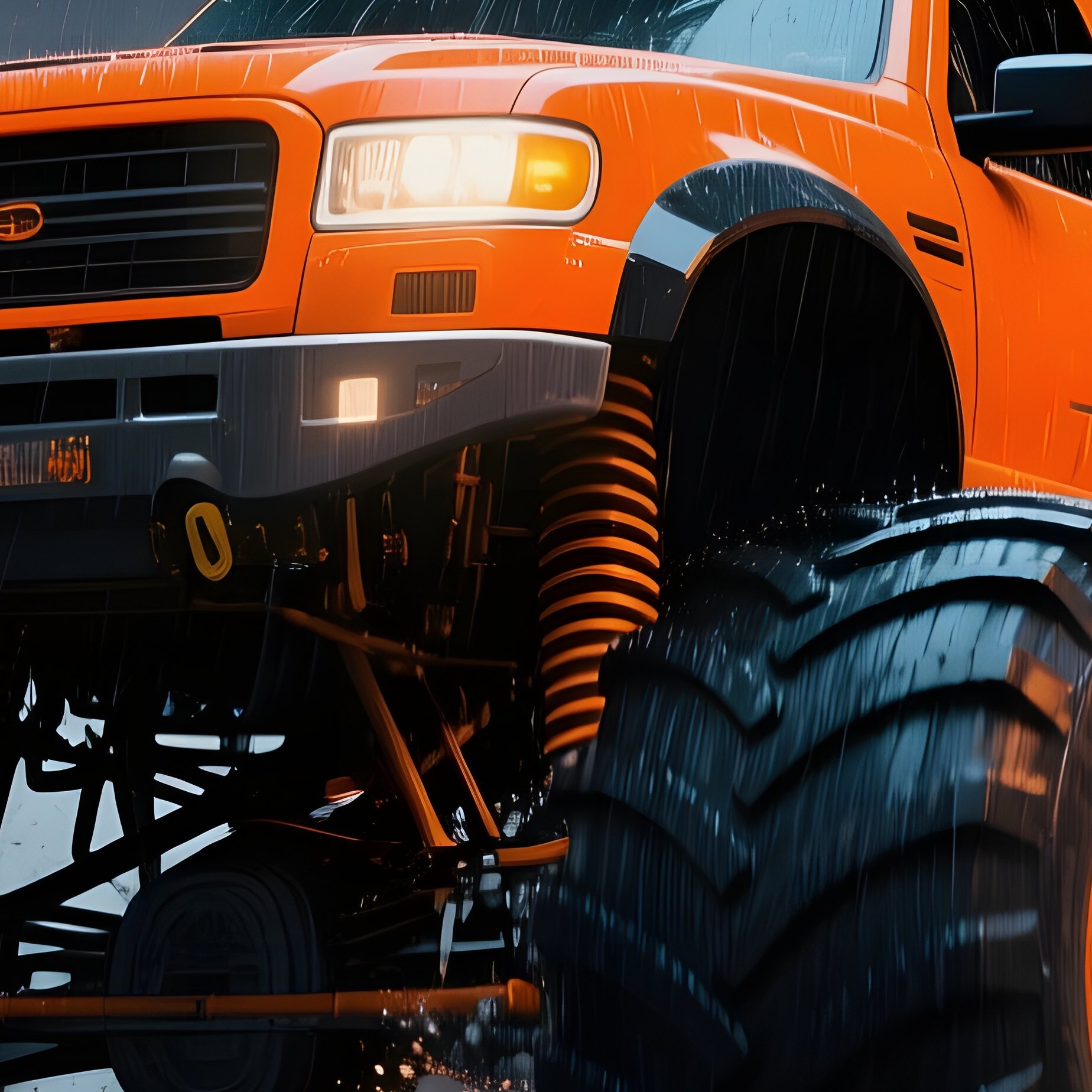 A Bright Orange Monster Truck Bursts Through A City Street During A Rainstorm, Water Spraying From - Full Resolution Quality Preview