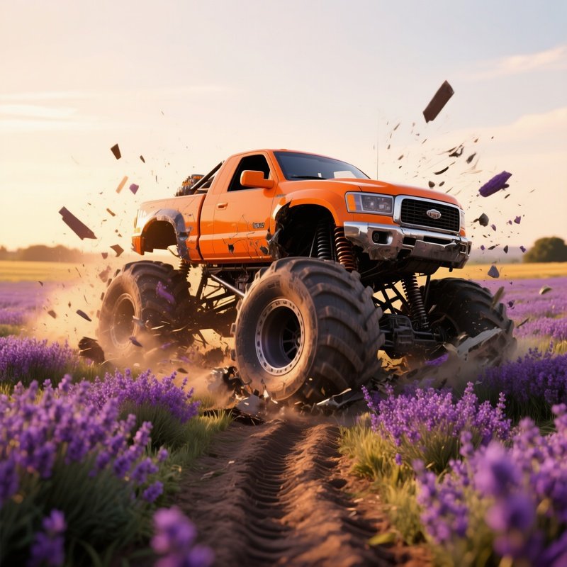 A Bright Orange Monster Truck Crashes Through A Field Of Lavender At Golden Hour, Fragrant Purple