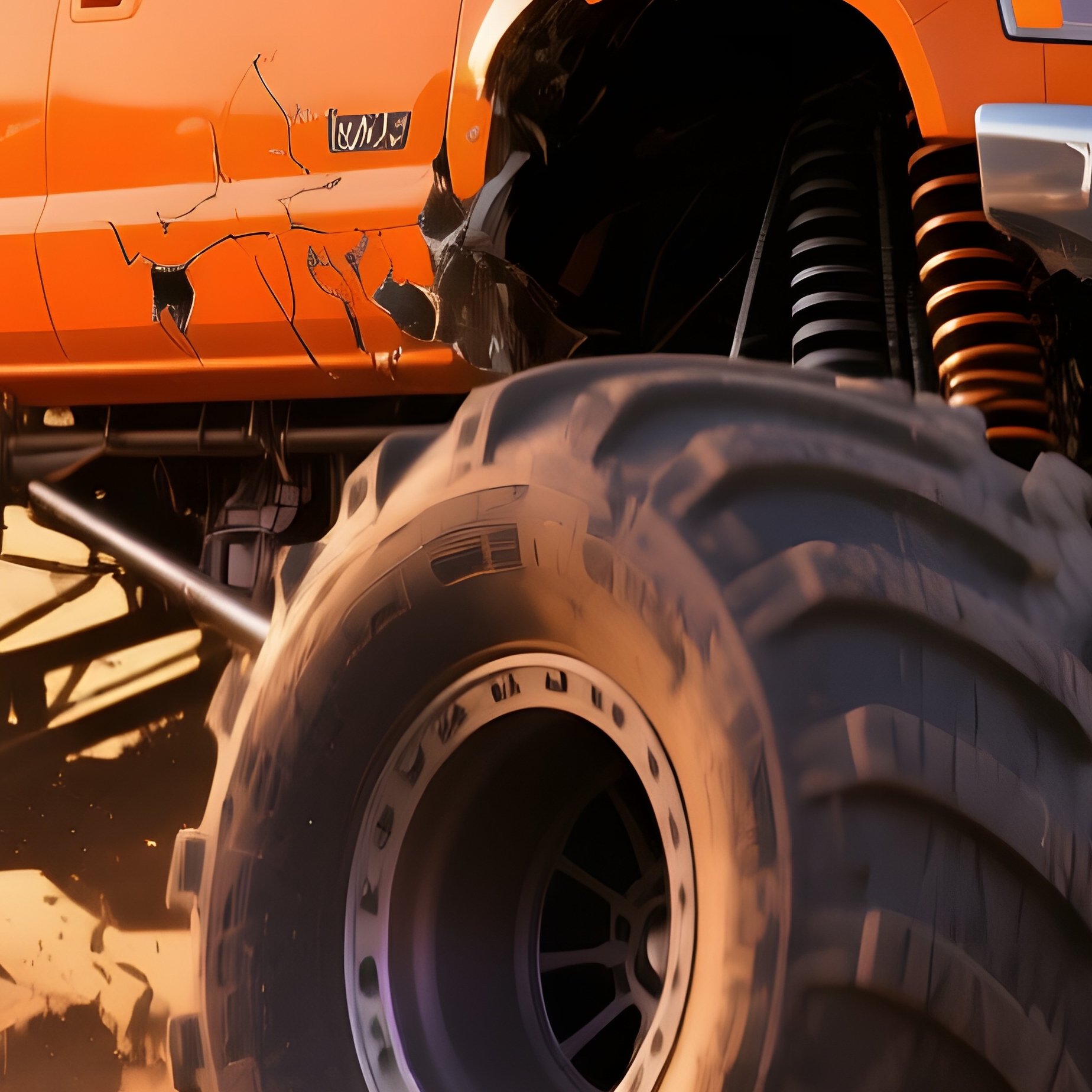 A Bright Orange Monster Truck Crashes Through A Field Of Lavender At Golden Hour, Fragrant Purple - Full Resolution Quality Preview