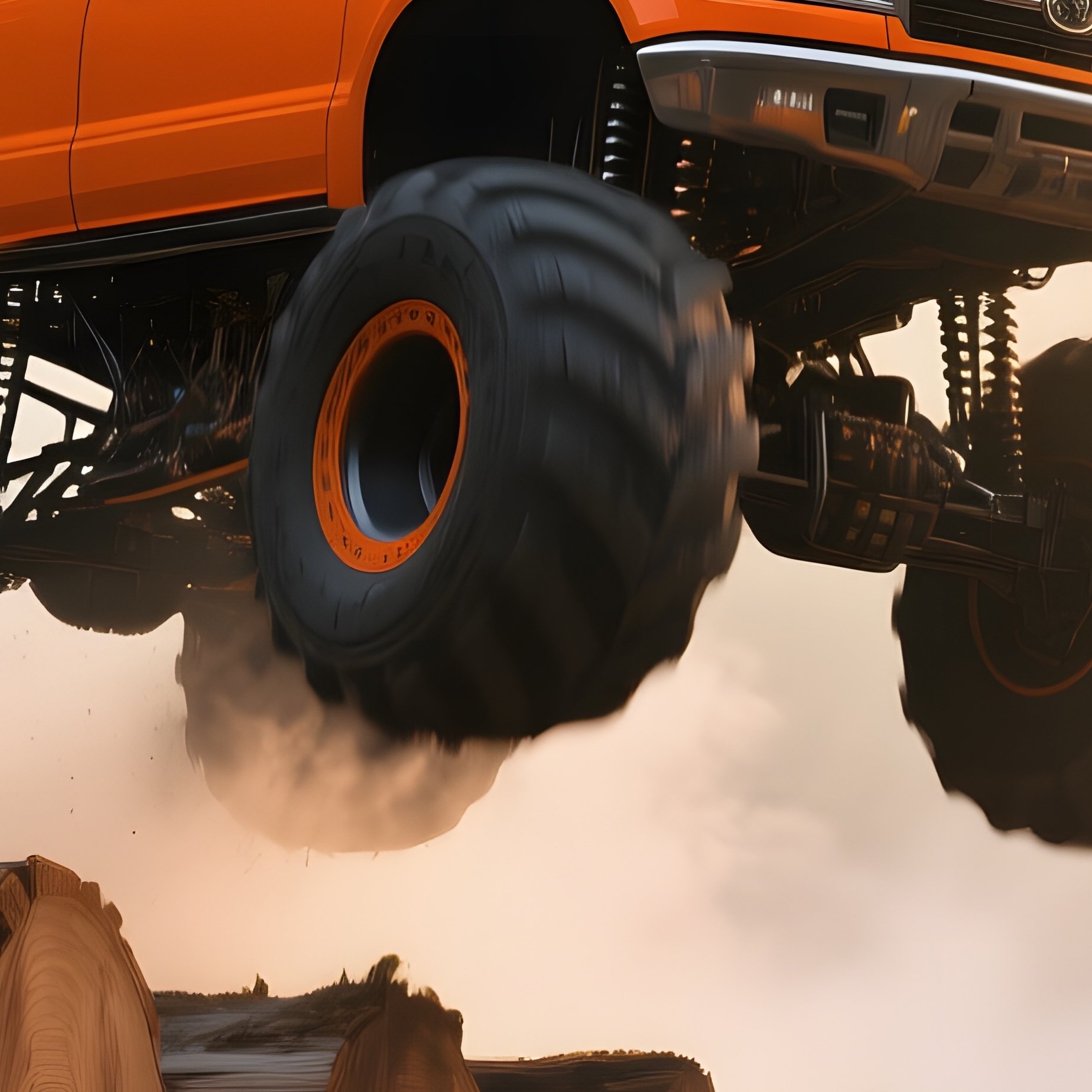 A Bright Orange Monster Truck Jumps Across A Series Of Towering Wooden Logs On A Forest Trail At - Full Resolution Quality Preview
