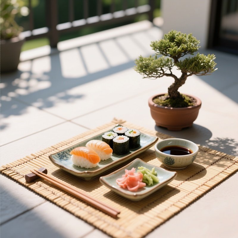 A Bright Outdoor Patio At Noon, With A Bamboo Mat Holding A Ceramic Sushi Set Nigiri, Maki Rolls,