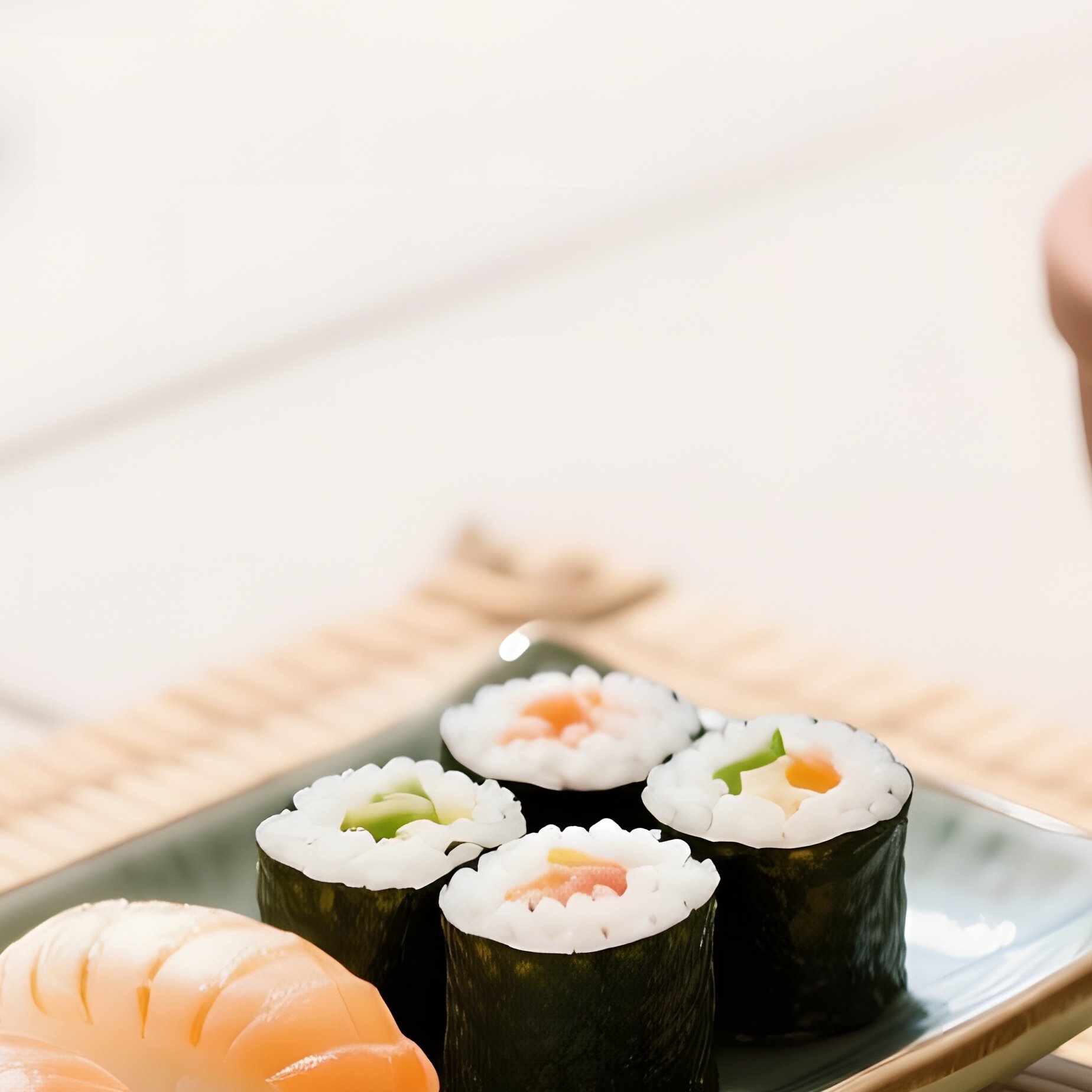 A Bright Outdoor Patio At Noon, With A Bamboo Mat Holding A Ceramic Sushi Set Nigiri, Maki Rolls, - Full Resolution Quality Preview