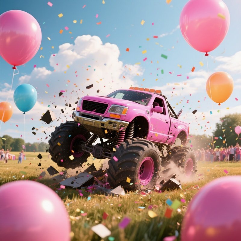 A Bright Pink Monster Truck Crashes Through A Field Of Giant Balloons At A Birthday Celebration