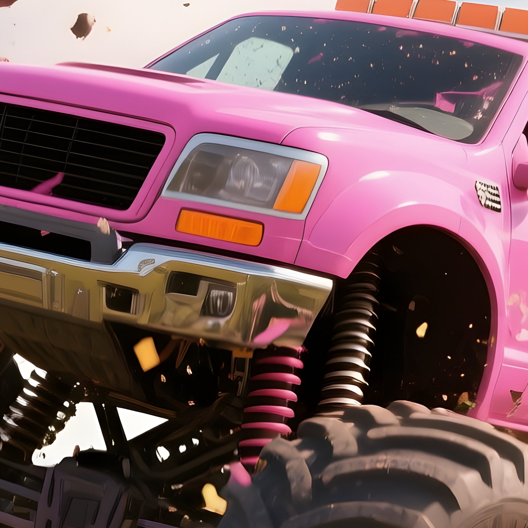 A Bright Pink Monster Truck Crashes Through A Field Of Giant Balloons At A Birthday Celebration - Full Resolution Quality Preview