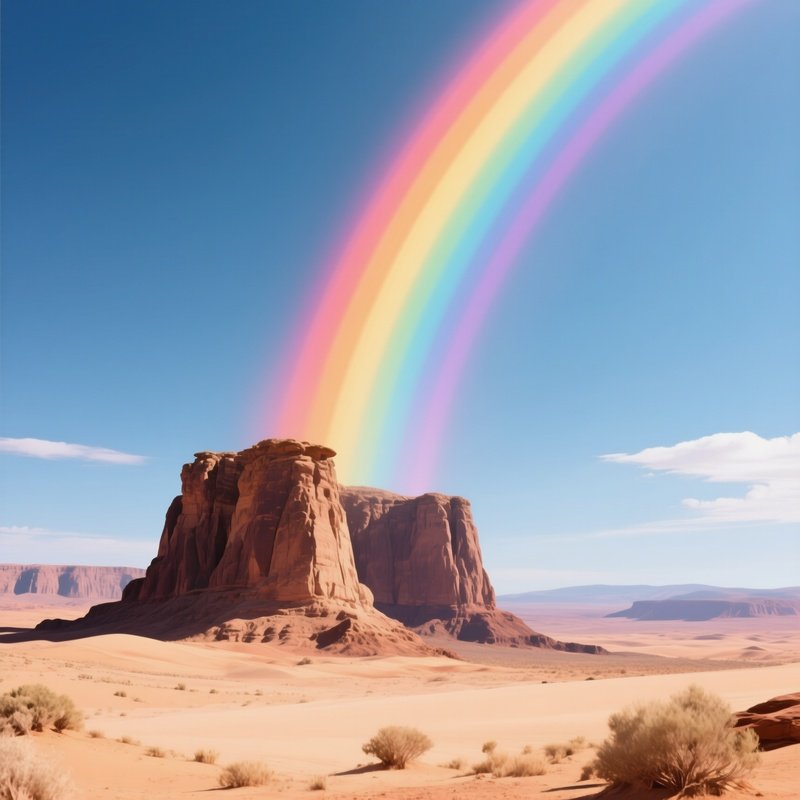 A Bright Rainbow Rising Behind A Desert Rock Formation