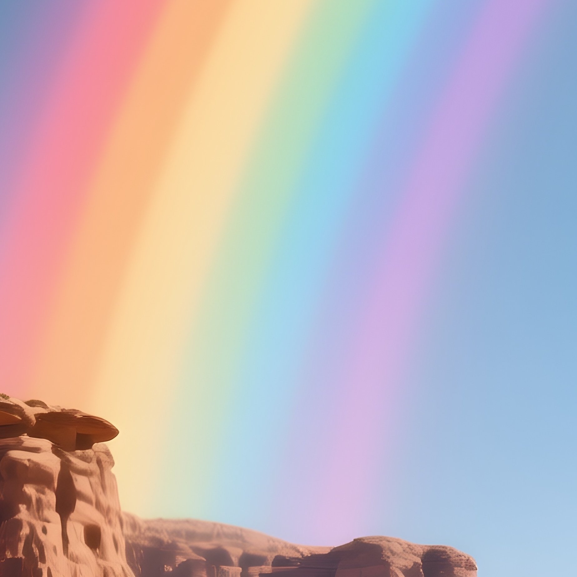 A Bright Rainbow Rising Behind A Desert Rock Formation - Full Resolution Quality Preview