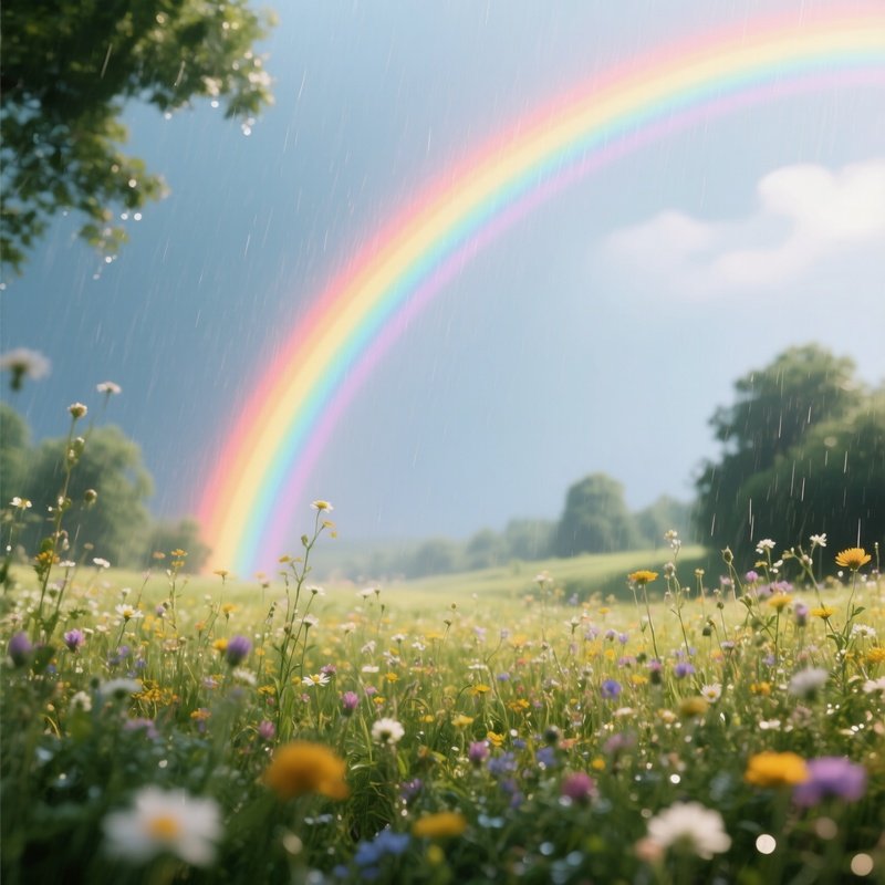A Bright Rainbow Stretching Above A Wildflower Meadow After Summer Rain