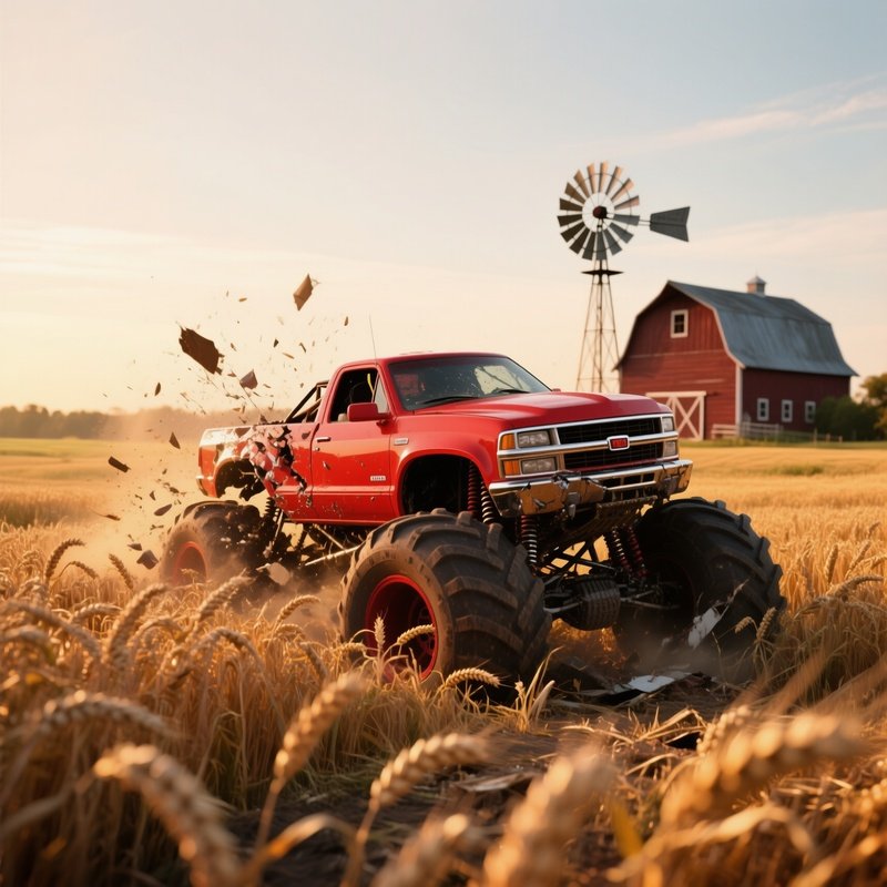 A Bright Red Monster Truck Crashes Through A Field Of Tall Wheat During Golden Hour, The Stalks