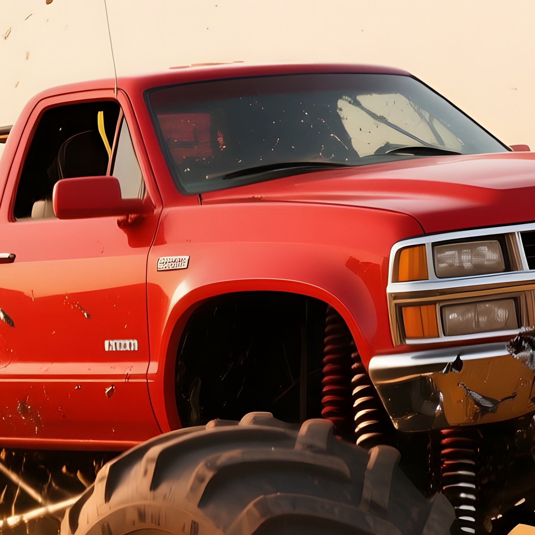A Bright Red Monster Truck Crashes Through A Field Of Tall Wheat During Golden Hour, The Stalks - Full Resolution Quality Preview