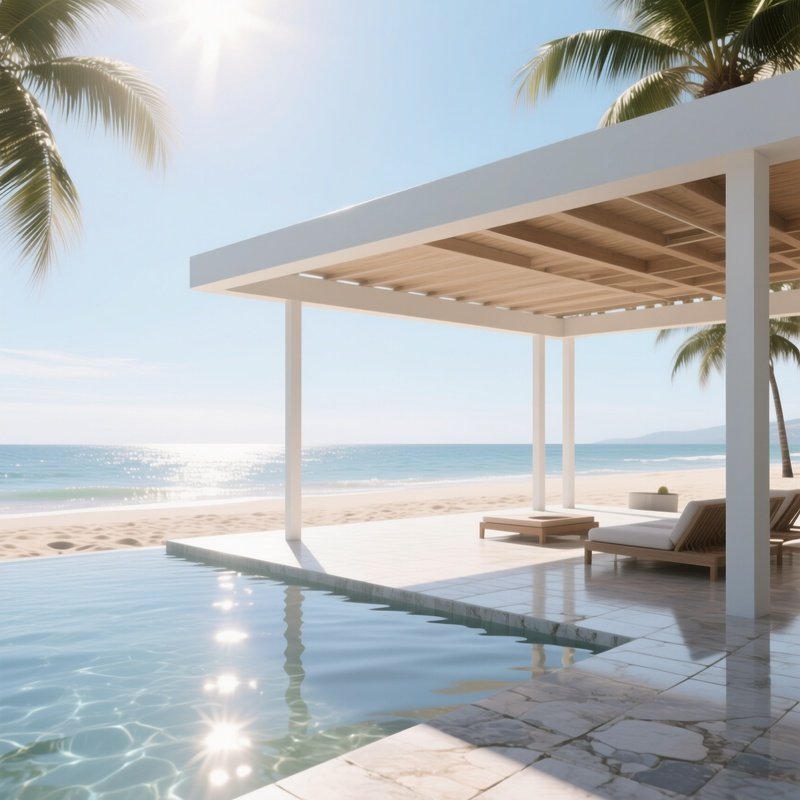 A Bright Summer Afternoon At A Minimalist Beach Pavilion With Cantilevered Roof, Sun Reflecting Off