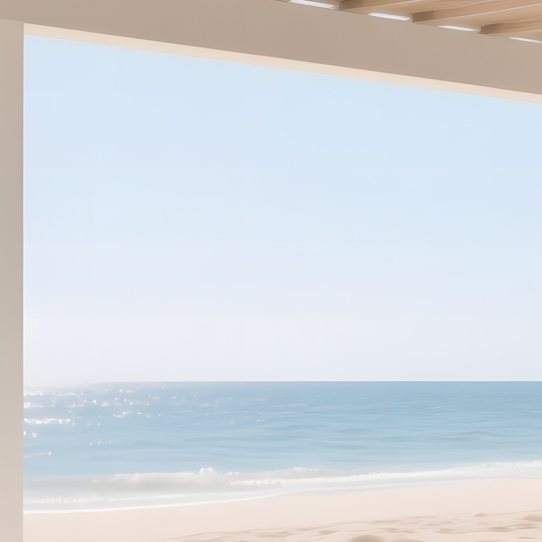 A Bright Summer Afternoon At A Minimalist Beach Pavilion With Cantilevered Roof, Sun Reflecting Off - Full Resolution Quality Preview