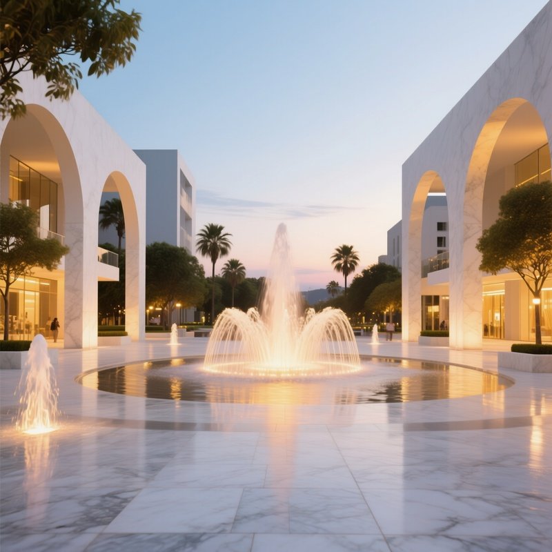 A Bright Summer Evening At A White Marble Plaza Surrounded By Modernist Arches, Fountains Dancing