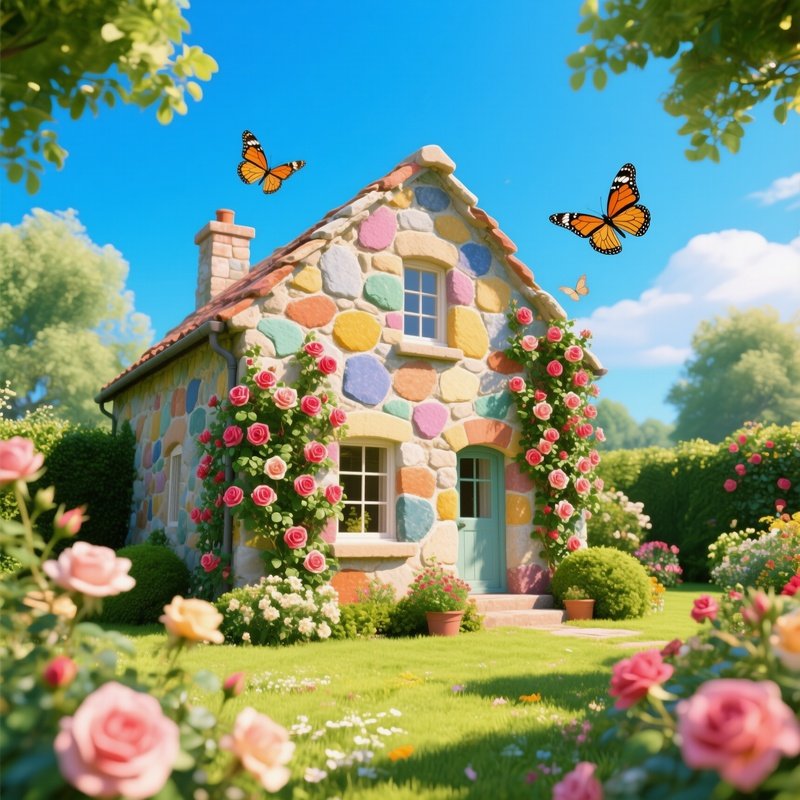 A Bright Summer Garden Surrounds A Cheerful Stone House Made From Multicolored Sandstone, Roses