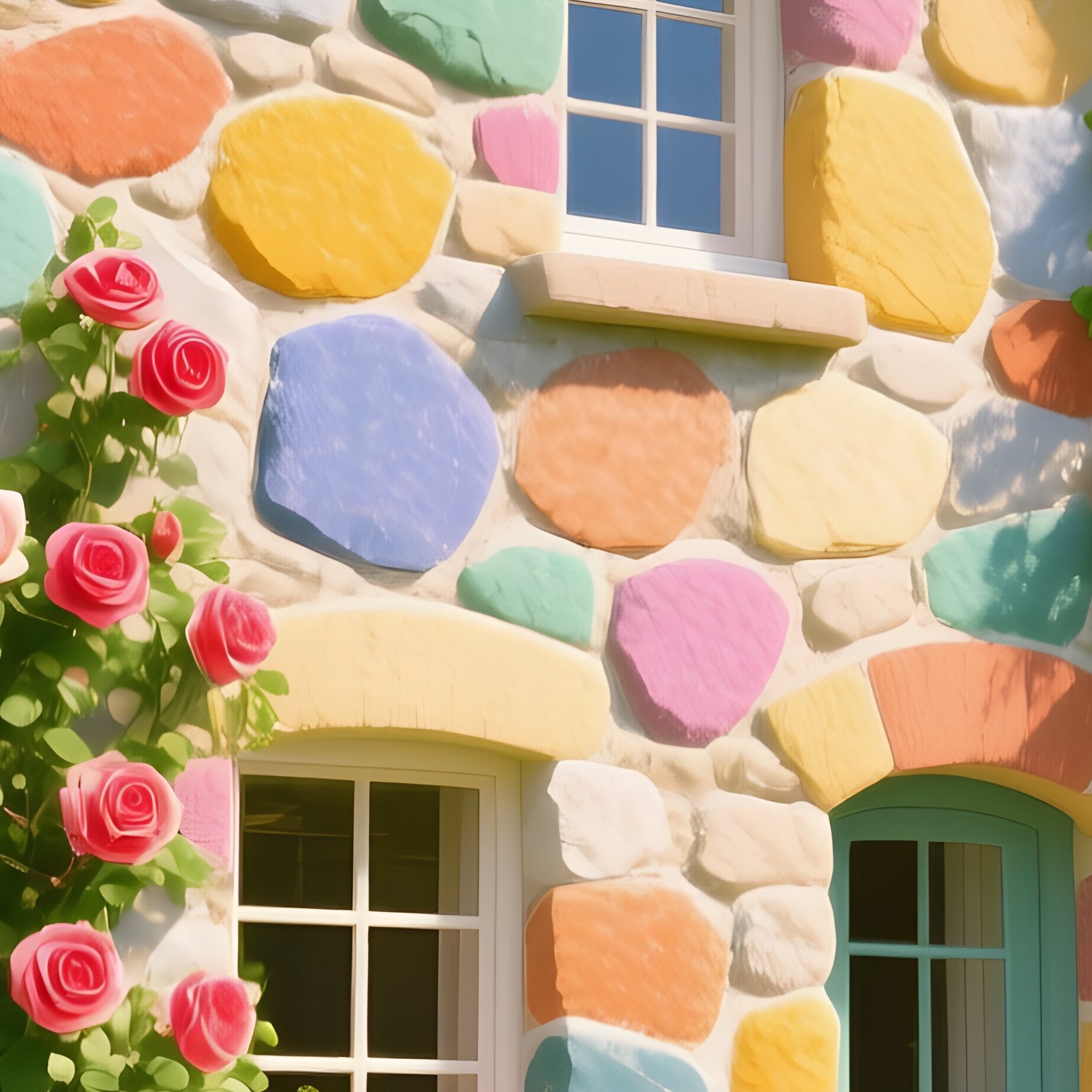 A Bright Summer Garden Surrounds A Cheerful Stone House Made From Multicolored Sandstone, Roses - Full Resolution Quality Preview