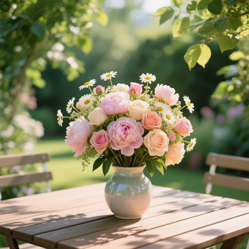 A Bright Summer Garden Table Set With An Overfilled, Pastel‑Colored Bouquet Of Peonies, Roses And