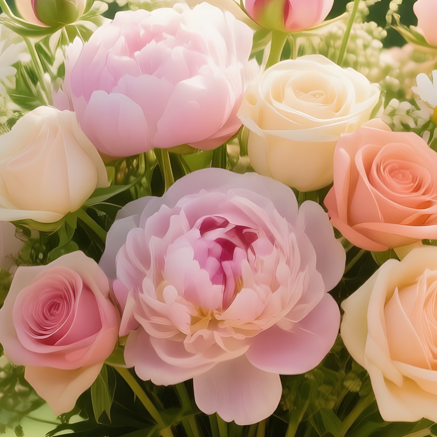 A Bright Summer Garden Table Set With An Overfilled, Pastel‑Colored Bouquet Of Peonies, Roses And - Full Resolution Quality Preview