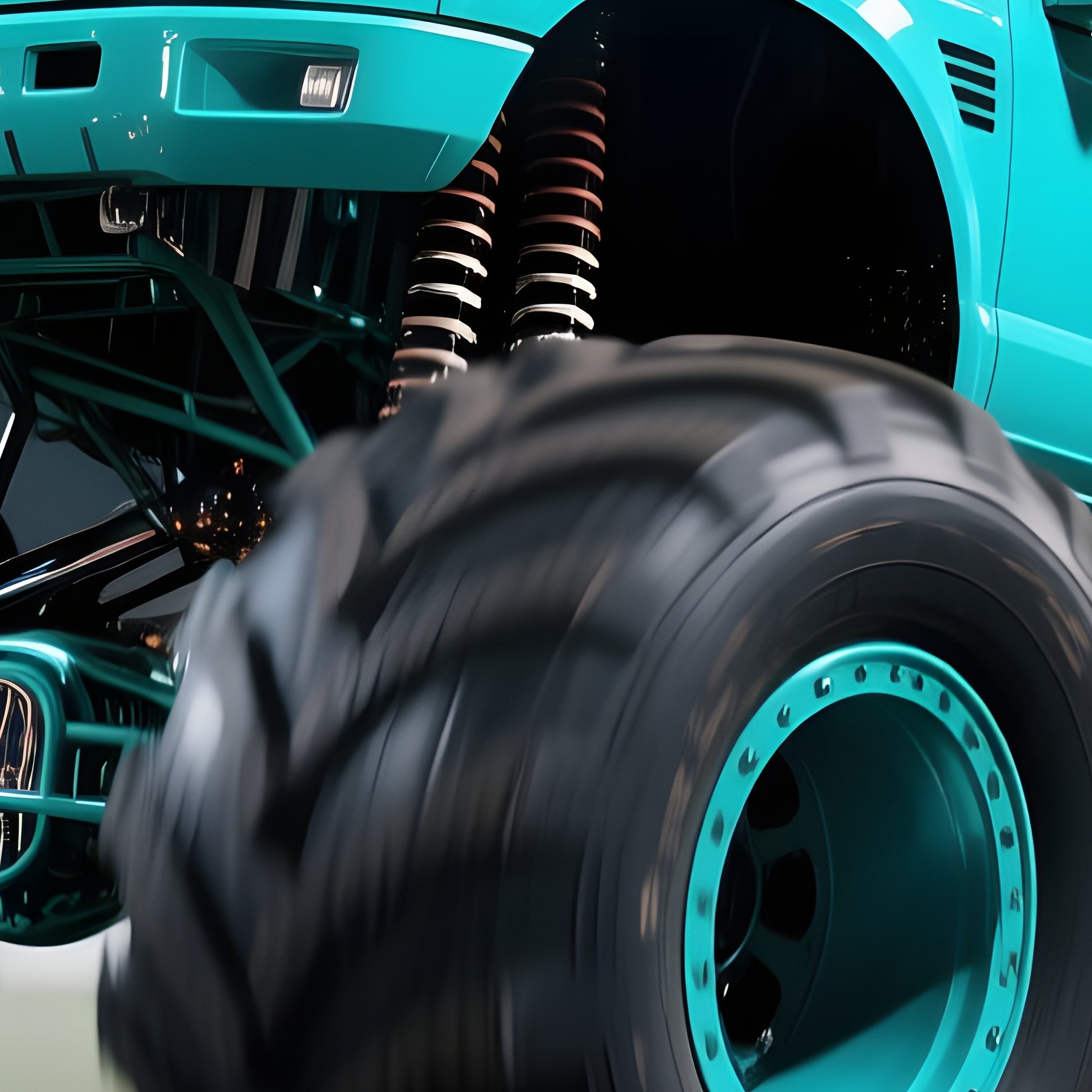 A Bright Turquoise Monster Truck Performs A Spin On A Glossy Blacktop Runway At Night, Stadium - Full Resolution Quality Preview
