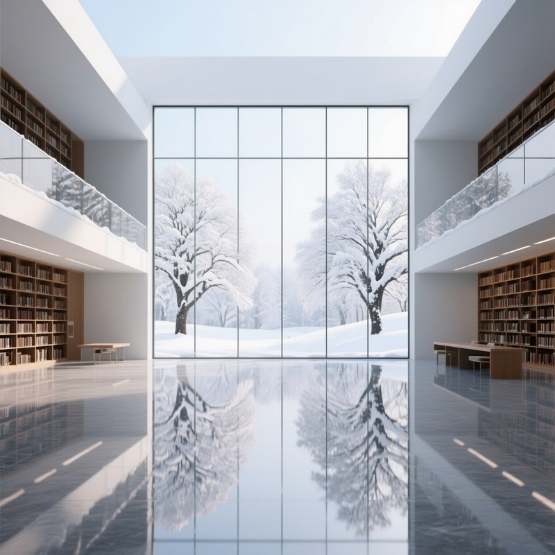 A Bright Winter Day At A Modernist Library With Large Glass Walls, Snow Laden Trees Reflected