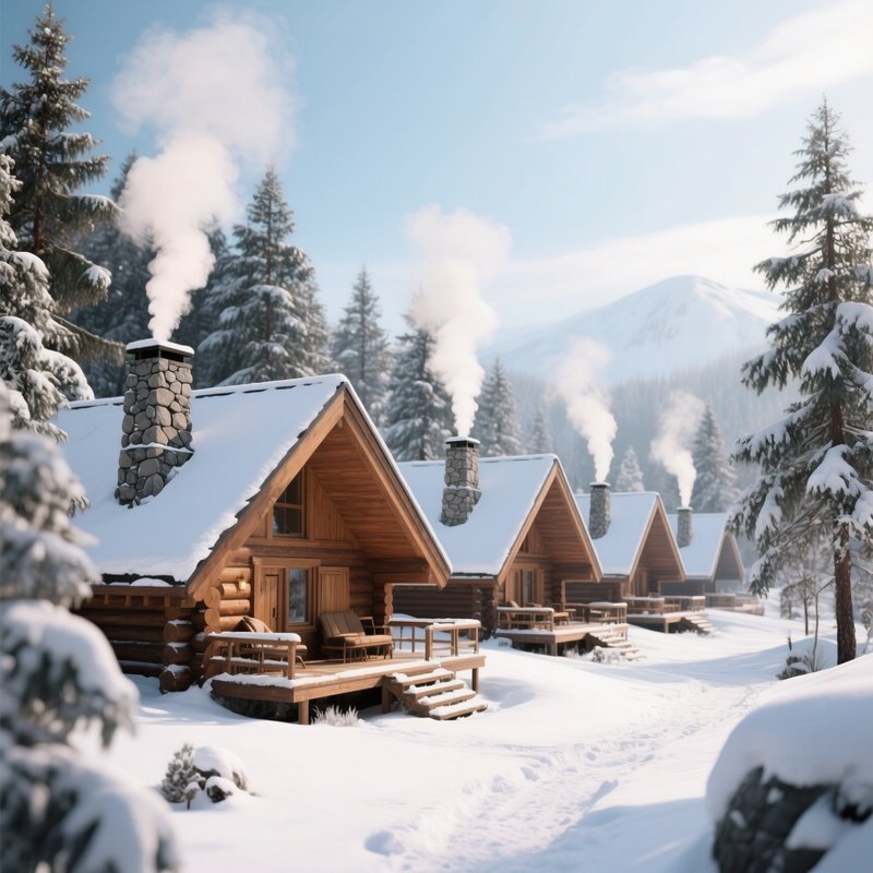 A Bright Winter Day At A Series Of Angular Wooden Cabins Nestled In Snow Covered Pines, Smoke