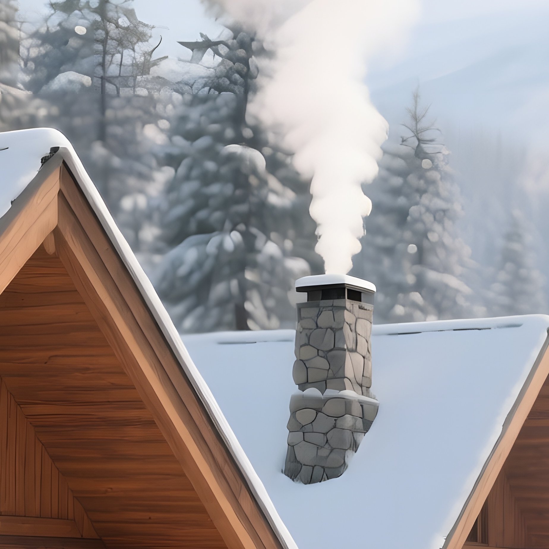 A Bright Winter Day At A Series Of Angular Wooden Cabins Nestled In Snow Covered Pines, Smoke - Full Resolution Quality Preview
