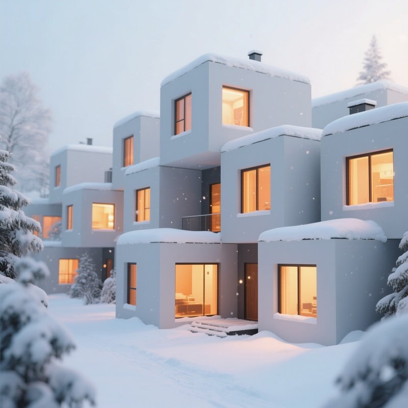 A Bright Winter Day With Snow Covering A Series Of Interlocking Cubic Houses, Each Window Glowing