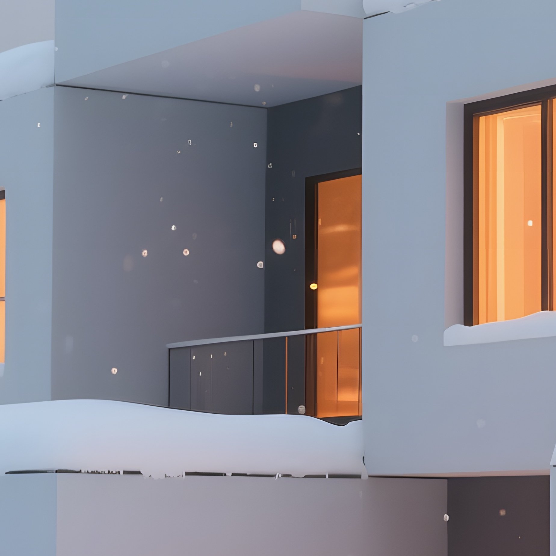 A Bright Winter Day With Snow Covering A Series Of Interlocking Cubic Houses, Each Window Glowing - Full Resolution Quality Preview