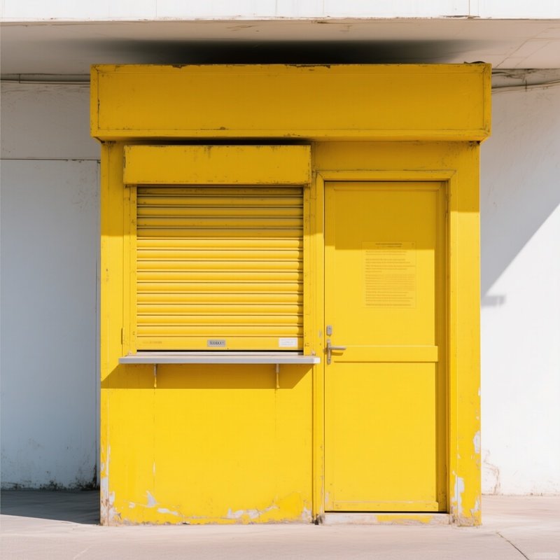 A Bright Yellow Ticket Booth With A Closed Shutter No Text Visible