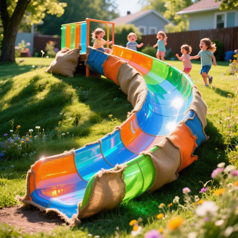 A Brightly Colored Slide Made Of Burlap Sacks And Fiberglass Glistening In The Sun