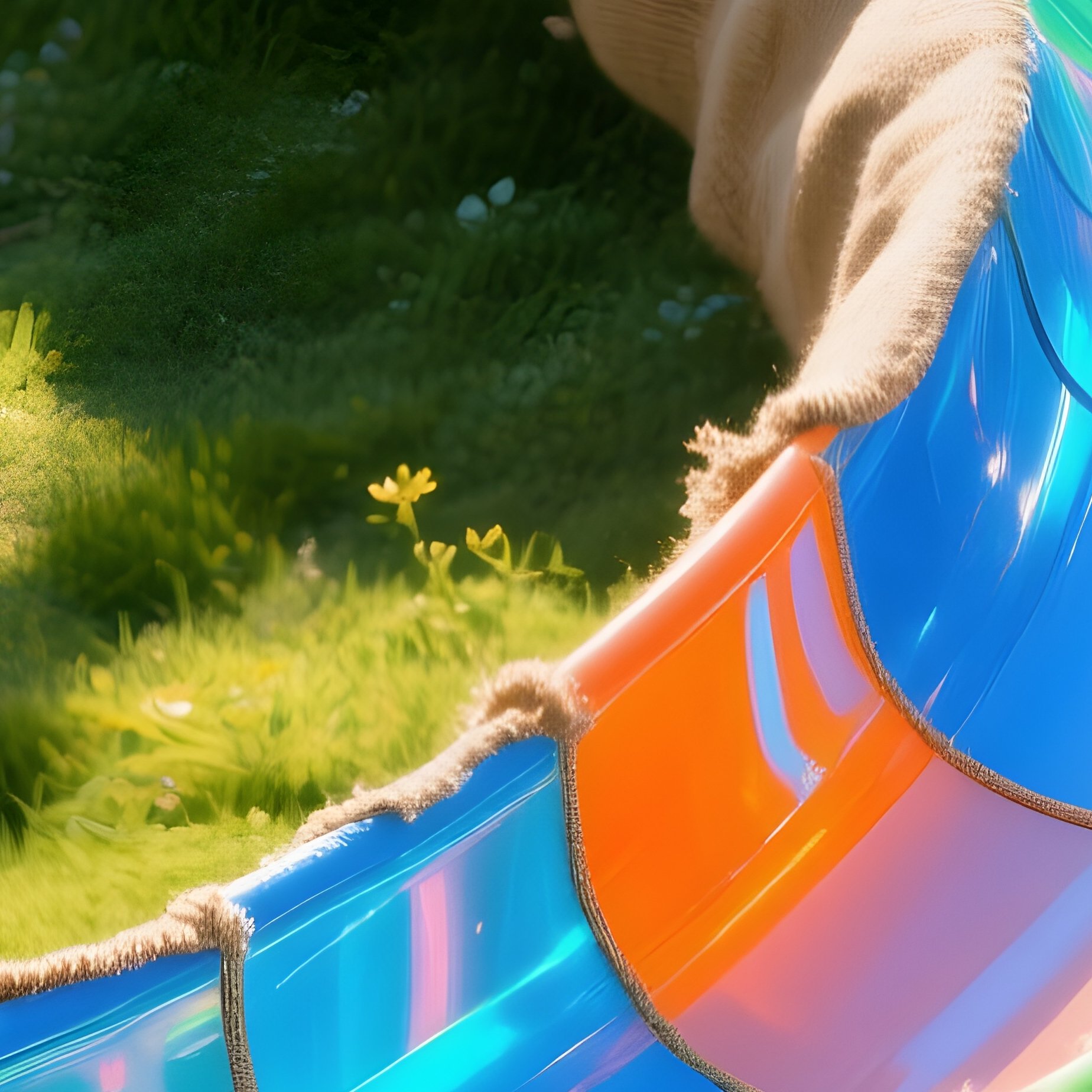 A Brightly Colored Slide Made Of Burlap Sacks And Fiberglass Glistening In The Sun - Full Resolution Quality Preview