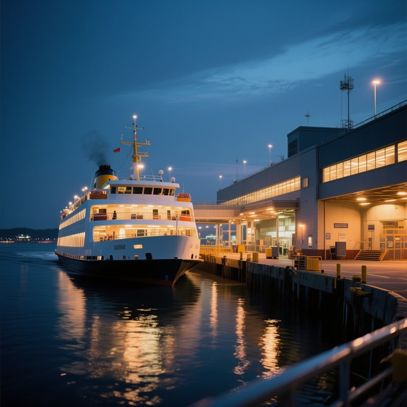 A Brightly Lit Evening Ferry Approaching A Terminal Building