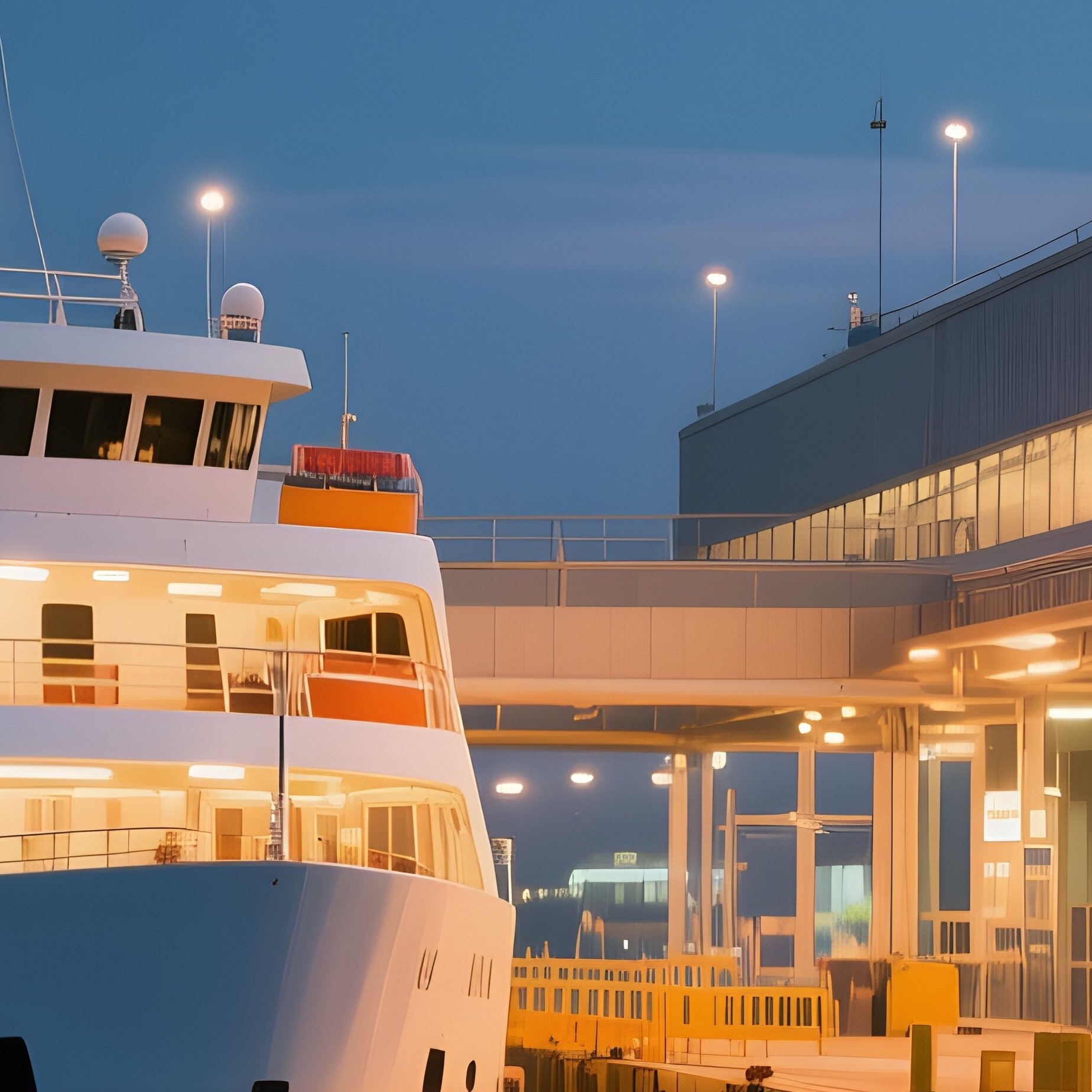 A Brightly Lit Evening Ferry Approaching A Terminal Building - Full Resolution Quality Preview