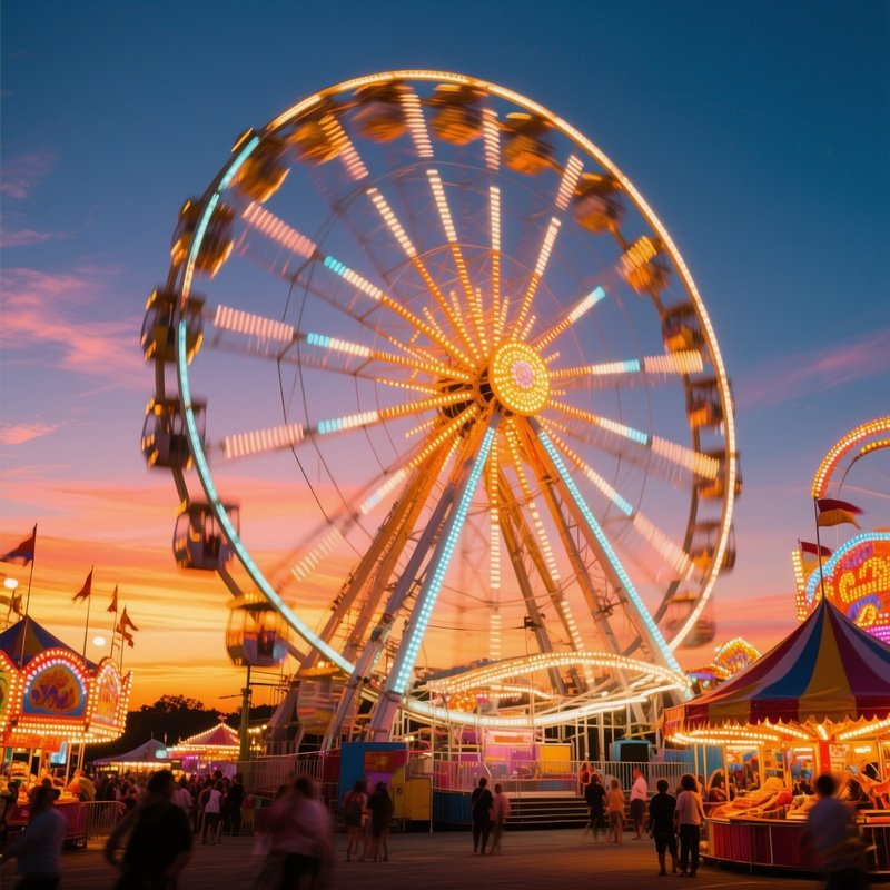 A Brightly Lit Ferris Wheel Spinning At Sunset Above A Lively Fairground