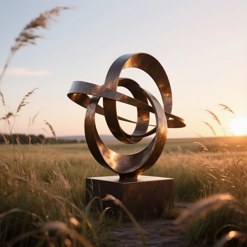 A Bronze Abstract Kinetic Sculpture Rotating Slowly In A Windy Prairie, Tall Grasses Swaying And