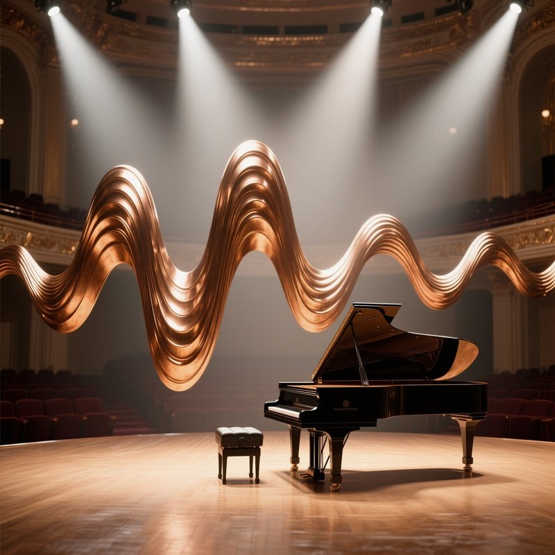A Bronze Abstract Representation Of Sound Waves Emanating From A Grand Piano In An Elegant Concert