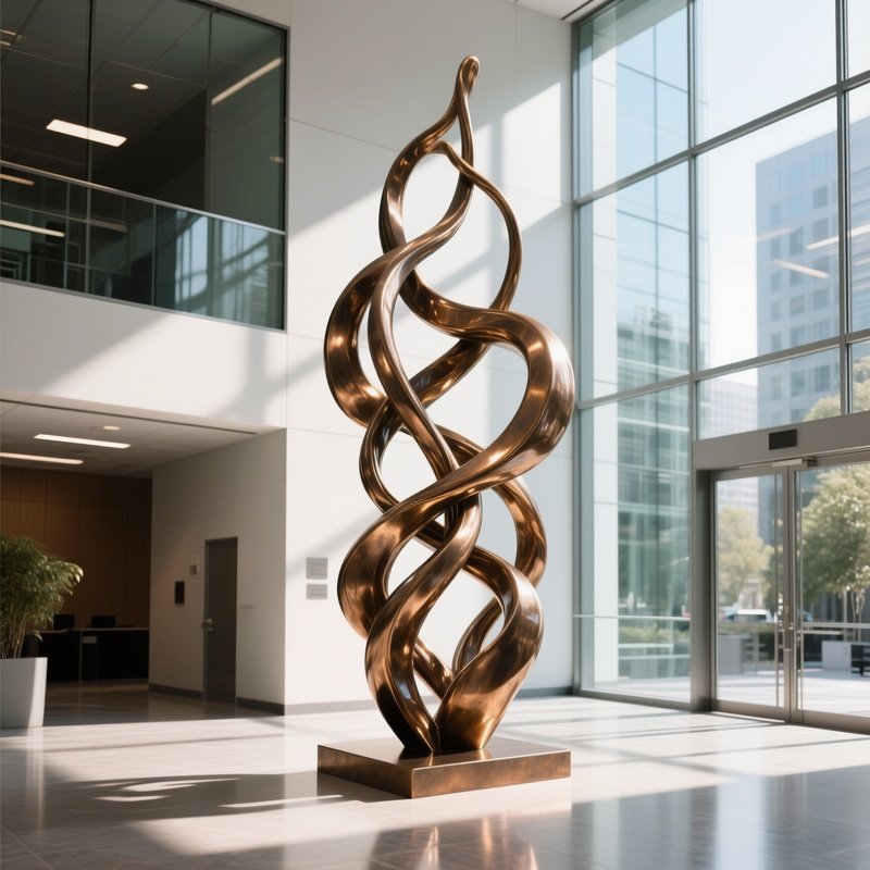 A Bronze Abstract Sculpture Resembling Intertwined Vines In A Modern Office Lobby, Polished