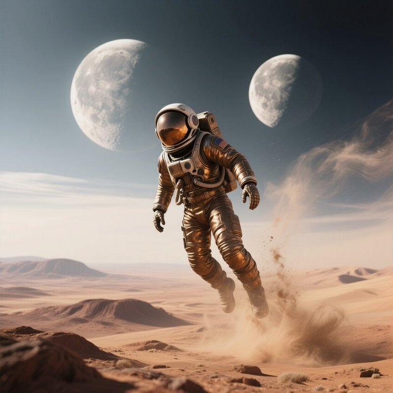 A Bronze Astronaut Floating Weightlessly Above An Alien Desert Landscape, Twin Moons Rising On The