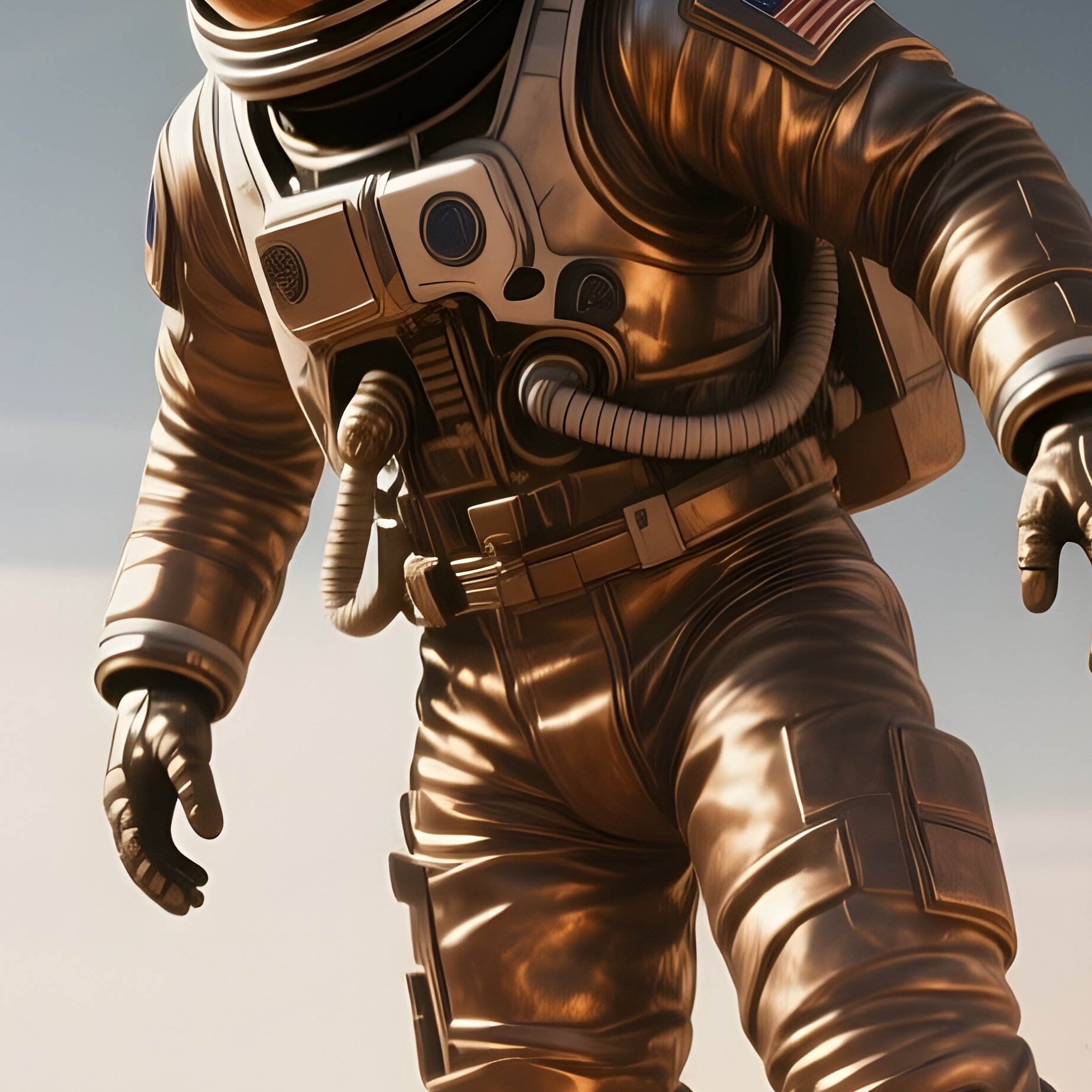 A Bronze Astronaut Floating Weightlessly Above An Alien Desert Landscape, Twin Moons Rising On The - Full Resolution Quality Preview