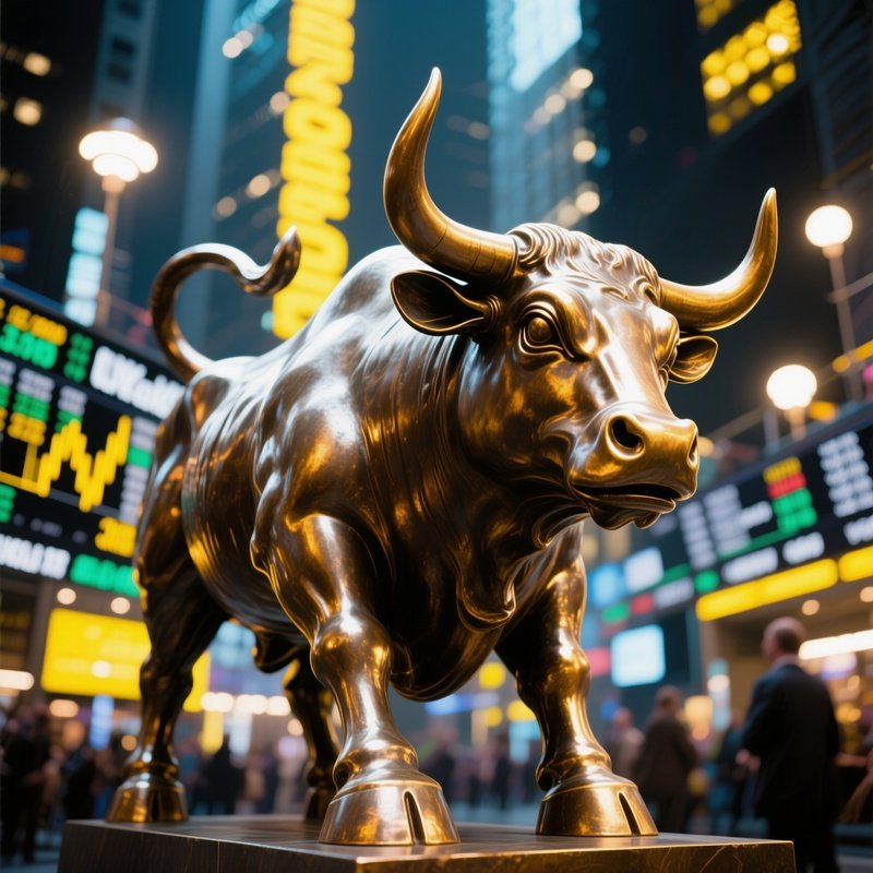 A Bronze Bull Statue Shining Under Stock Exchange Lights 2