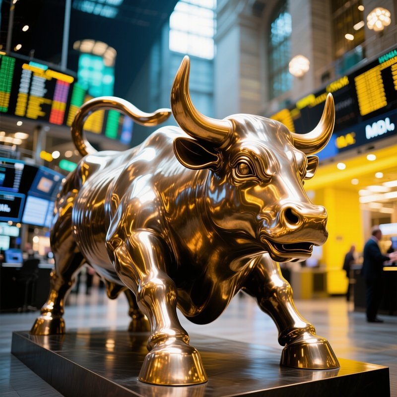 A Bronze Bull Statue Shining Under Stock Exchange Lights