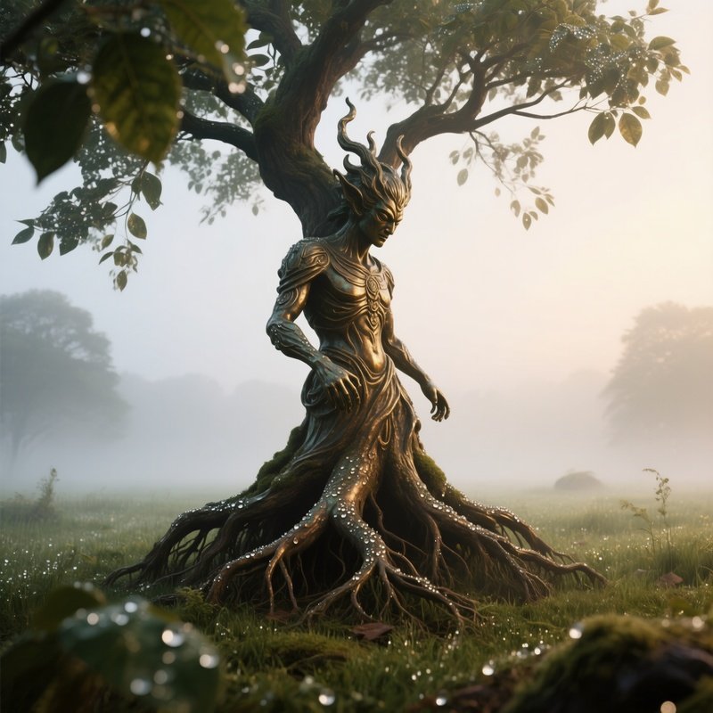 A Bronze Depiction Of An Ancient Tree Spirit With Roots Spreading Across A Misty Meadow At Dawn,