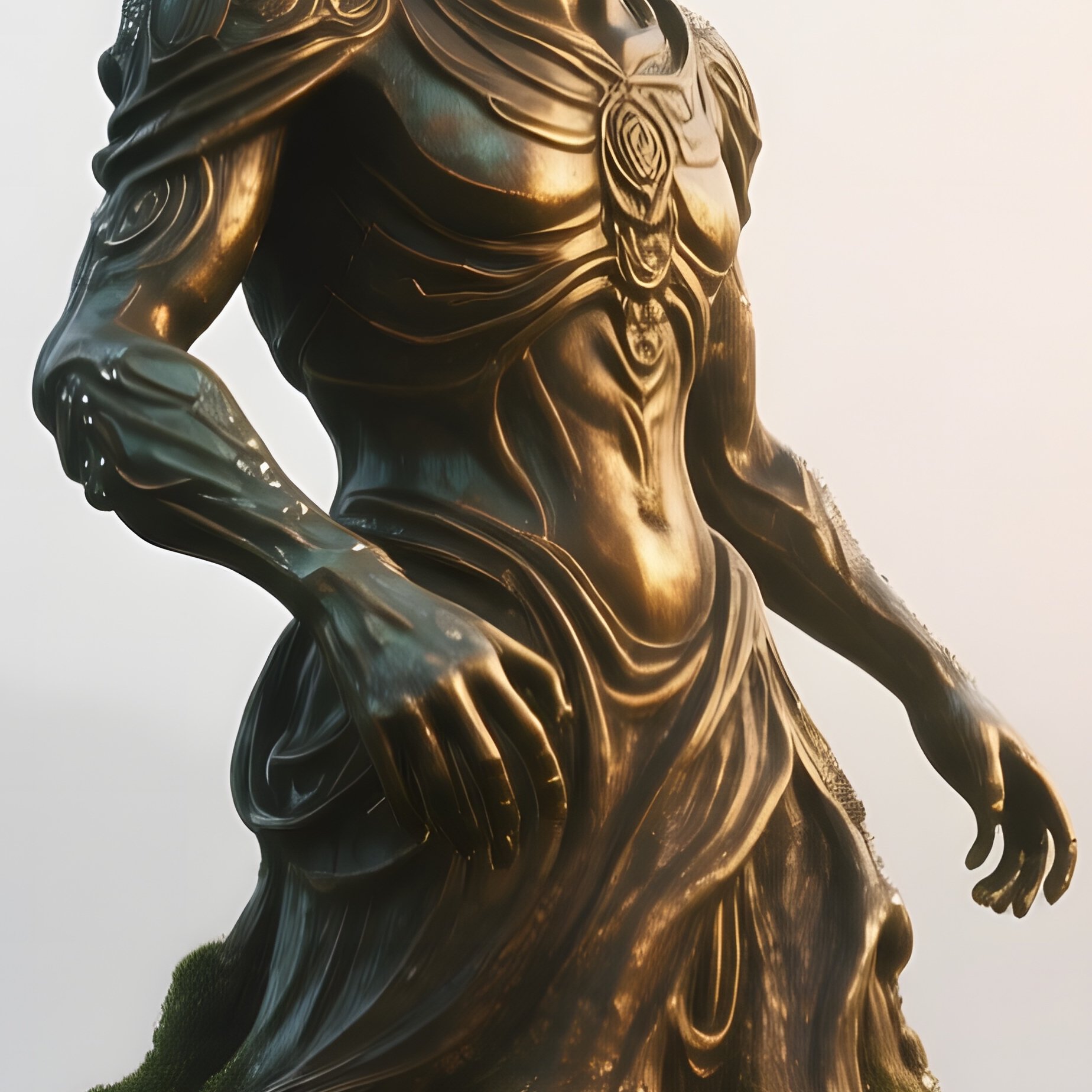 A Bronze Depiction Of An Ancient Tree Spirit With Roots Spreading Across A Misty Meadow At Dawn, - Full Resolution Quality Preview
