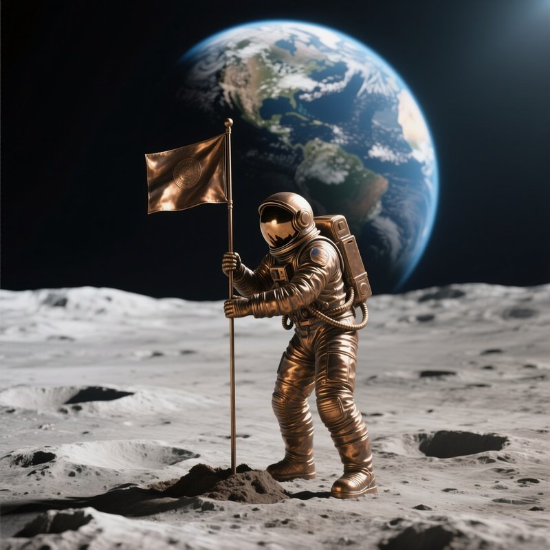 A Bronze Depiction Of An Astronaut Planting A Flag On A Barren Moonlit Landscape, Earth Rising