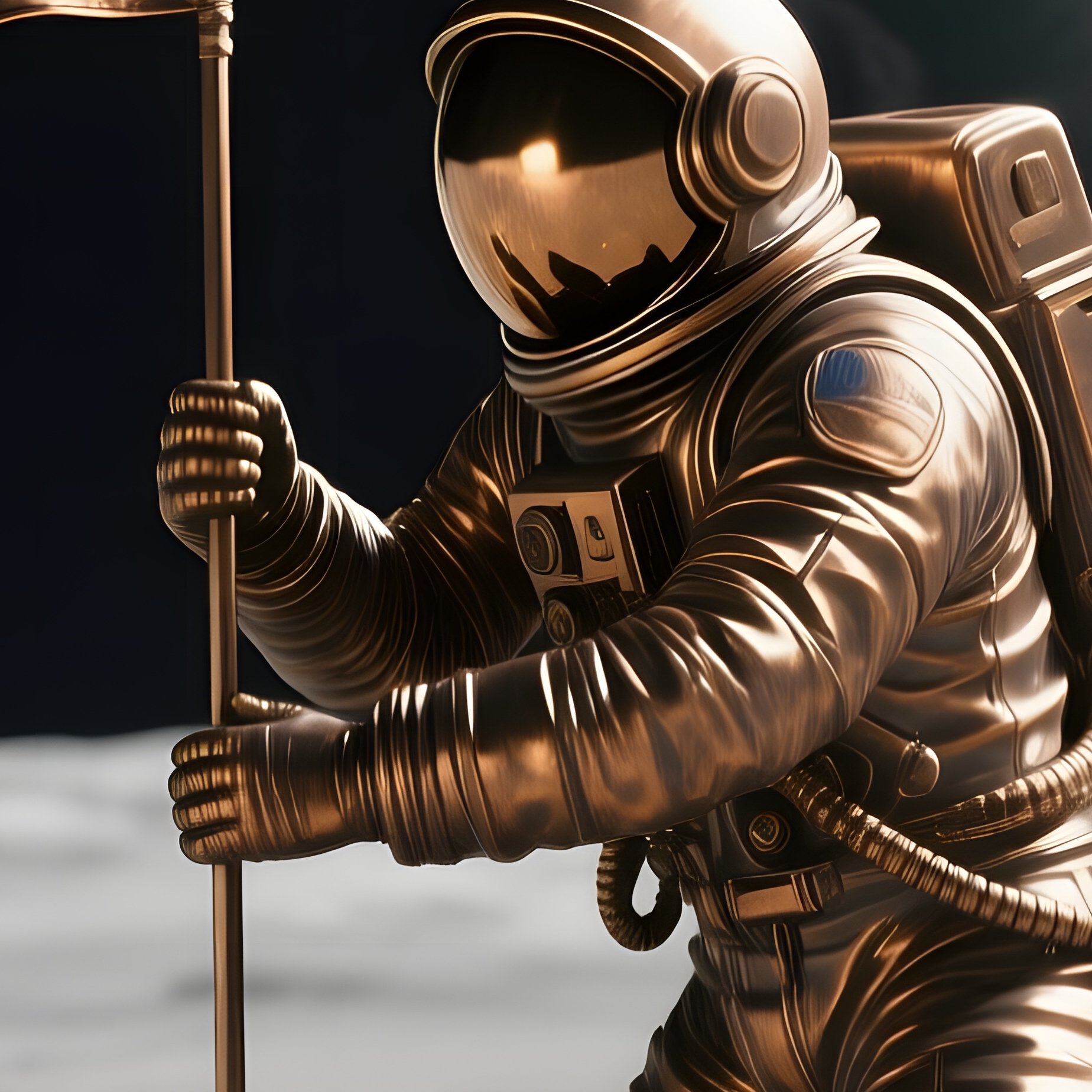 A Bronze Depiction Of An Astronaut Planting A Flag On A Barren Moonlit Landscape, Earth Rising - Full Resolution Quality Preview