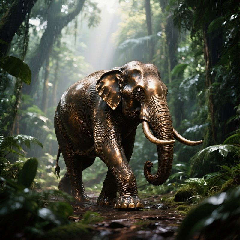 A Bronze Elephant Marching Through A Lush Rainforest Clearing, Sunlight Filtering Through Dense