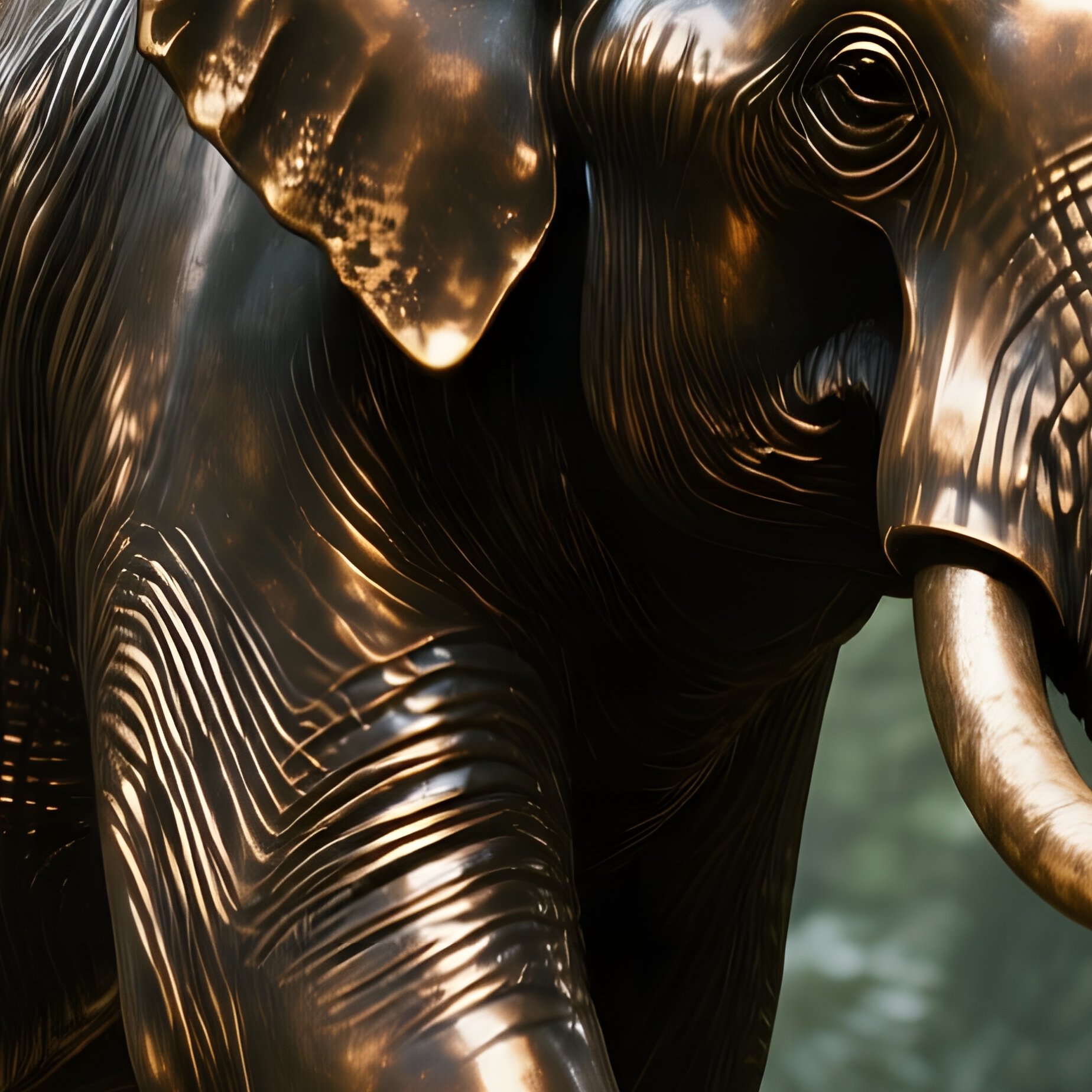 A Bronze Elephant Marching Through A Lush Rainforest Clearing, Sunlight Filtering Through Dense - Full Resolution Quality Preview