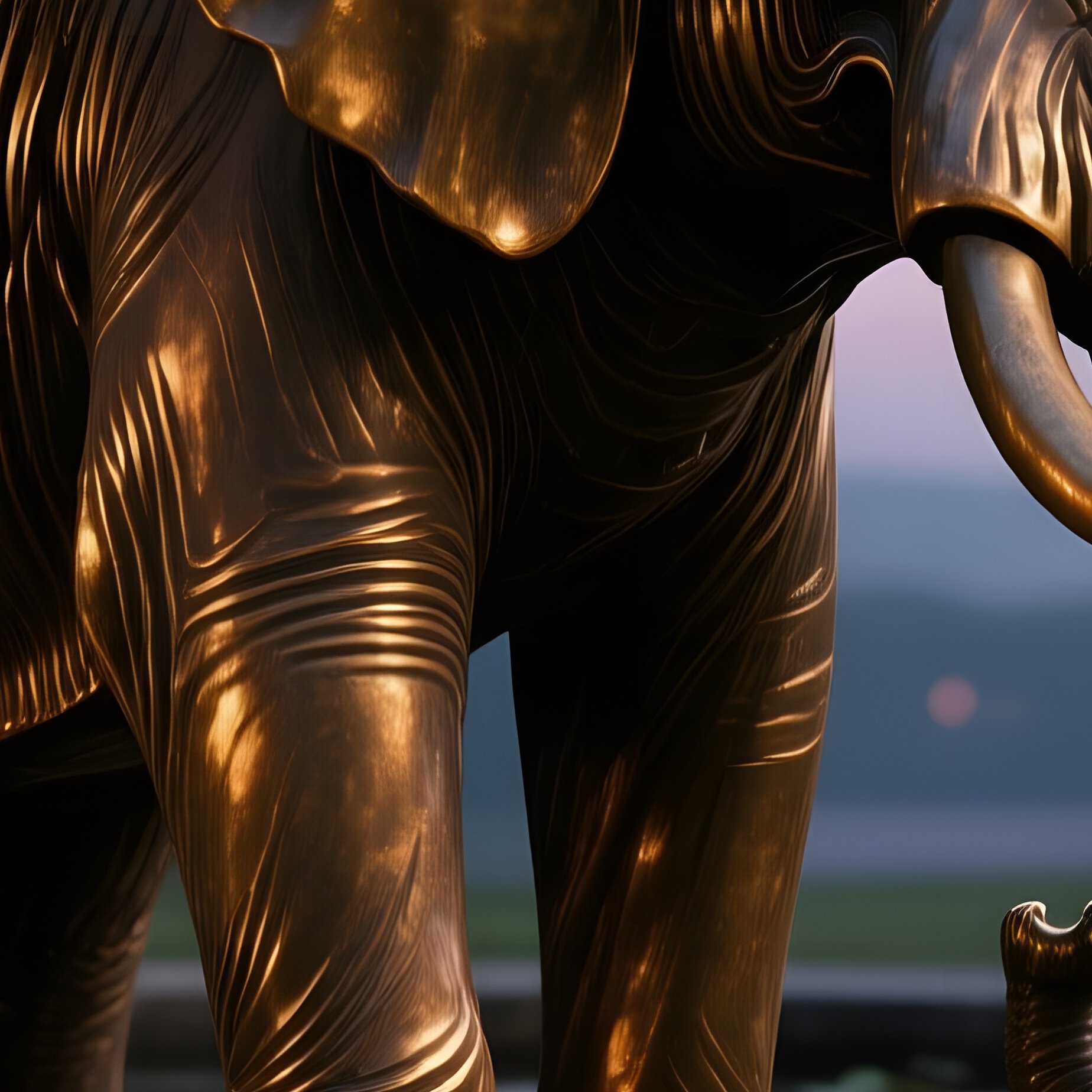 A Bronze Elephant Sculpture Standing Knee‑Deep In A Shallow Pool At Twilight, Lantern Light - Full Resolution Quality Preview