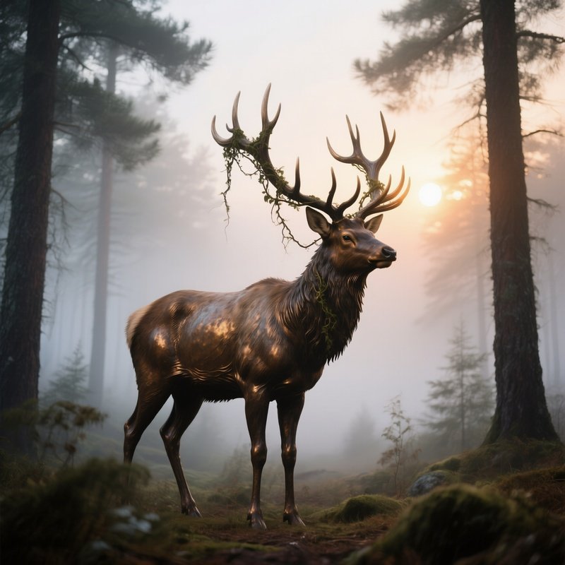 A Bronze Elk Standing In A Misty Pine Forest At Dawn, Antlers Entwined With Vines, Sunrise