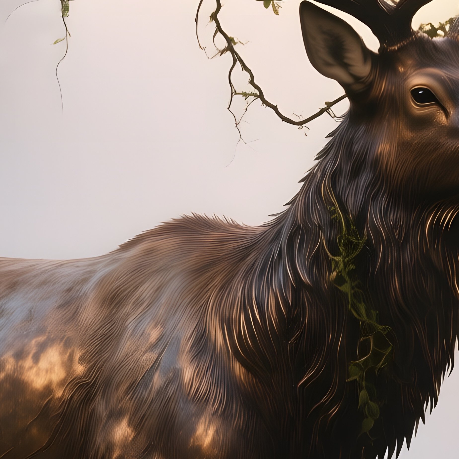 A Bronze Elk Standing In A Misty Pine Forest At Dawn, Antlers Entwined With Vines, Sunrise - Full Resolution Quality Preview