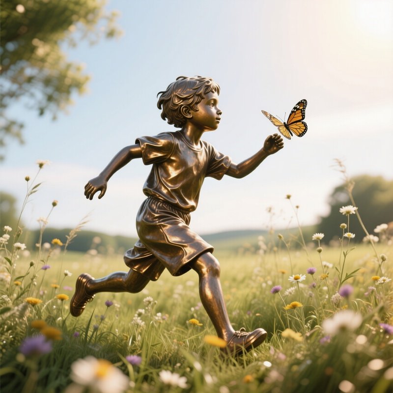A Bronze Figure Of A Child Chasing Butterflies In A Sun‑Drenched Meadow, Wildflowers Swaying And A