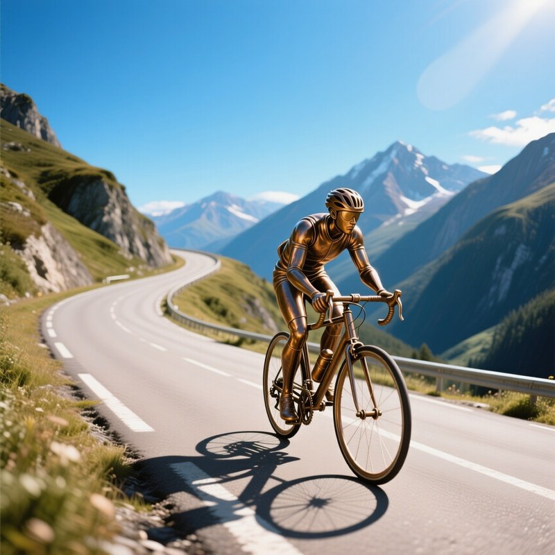 A Bronze Figure Of A Cyclist Descending A Winding Mountain Road Under A Clear Blue Sky, Distant